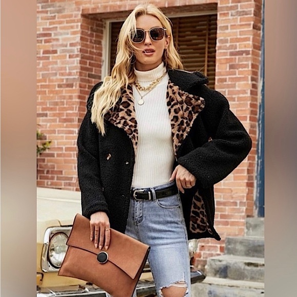 🥳HP 11/28/22🎉 Black Leopard Print Shearling Teddy Coat Sizes S/M/L/XL - Picture 4 of 6